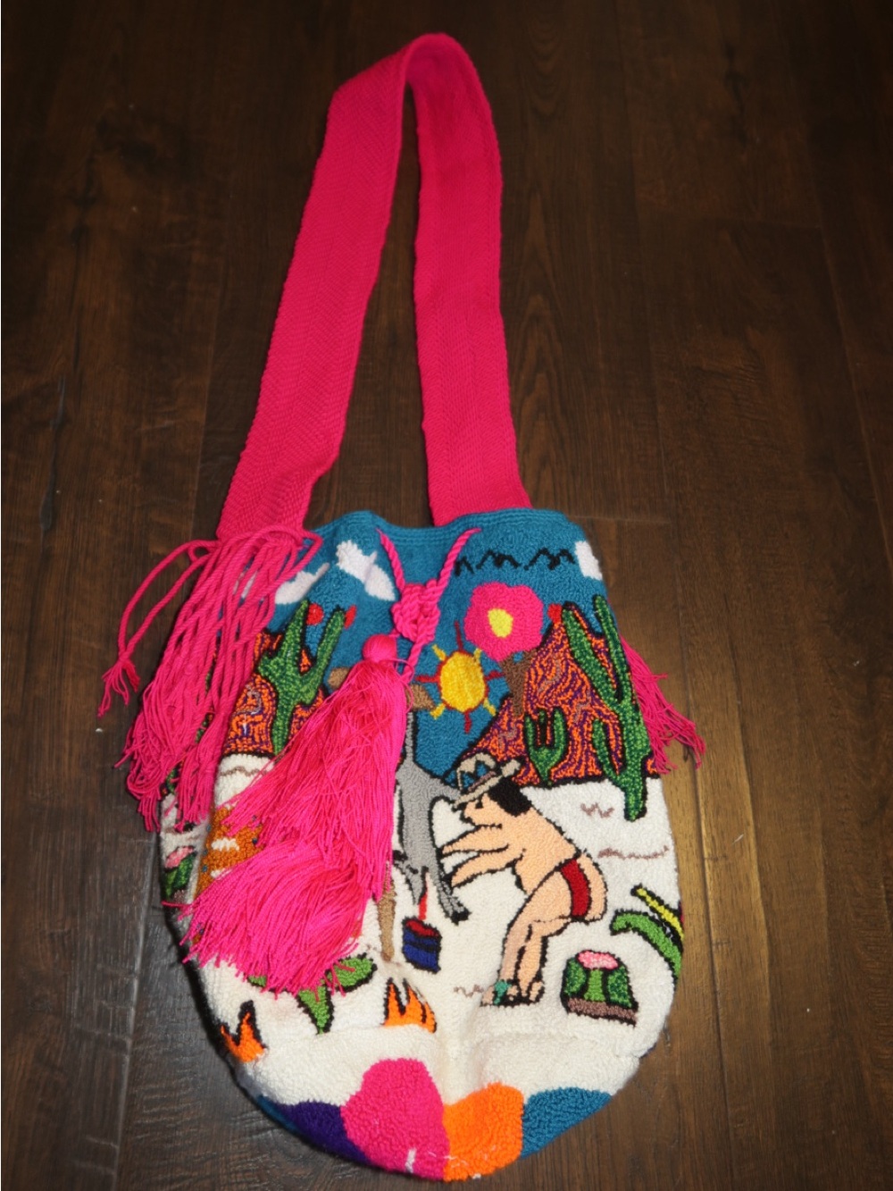 Handwoven Pink Strap Embroidered Tote Bag